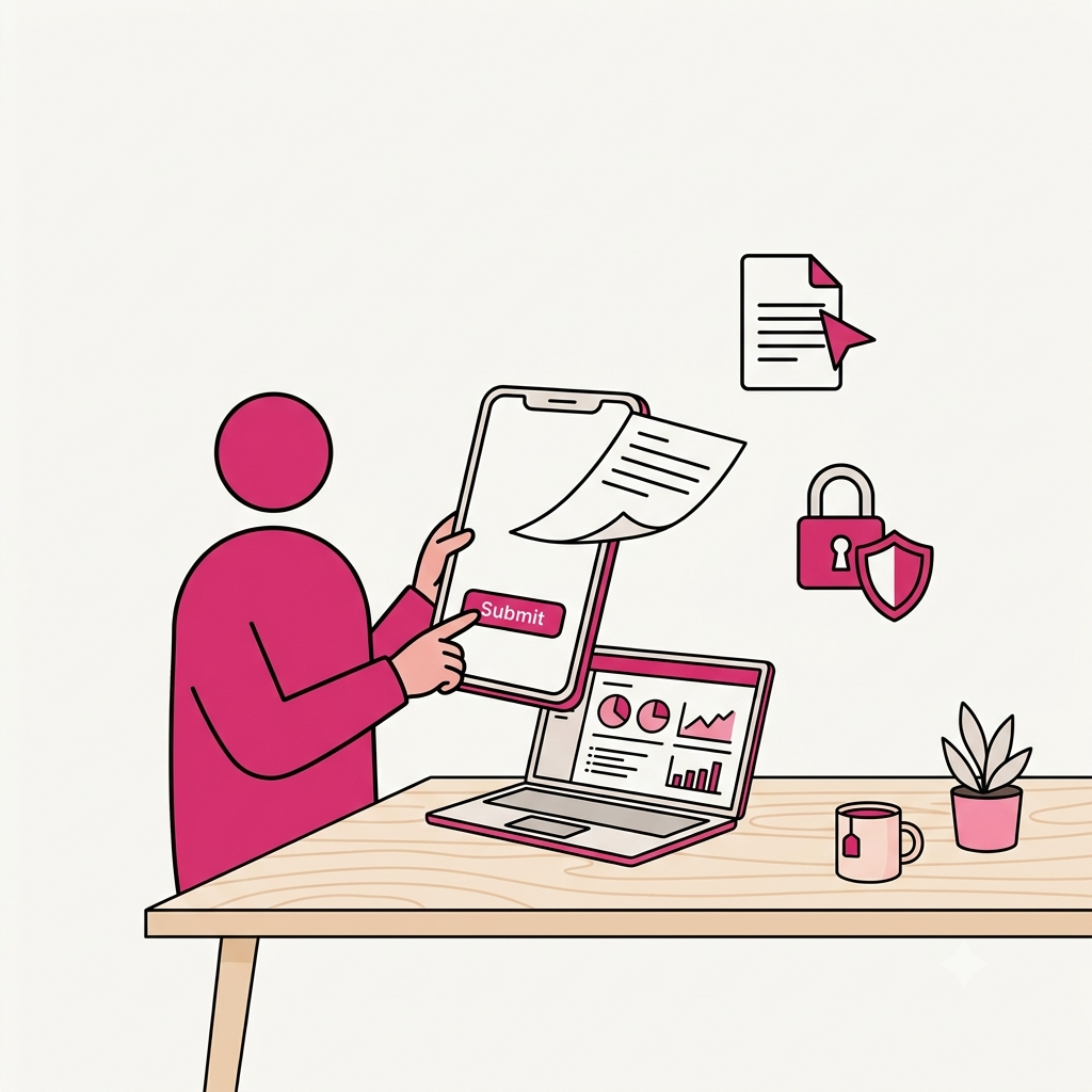 Illustratie van een cliënt die veilig antwoorden en documenten indient